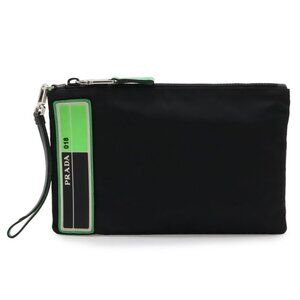 Prada Rubber Logo Clutch Pouch Case Nylon Nero Black Neon Green Nero Neon Green